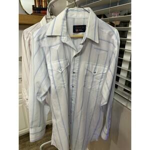 Panhandle Slim Men's White Blue Striped Print Pearl Snap Button Up Shirt Size 16